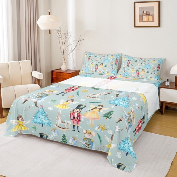 Homewish Royal Nutcracker Guard Full Size Sheets for Teens, Blue Xmas Tree Bed Sheets, Fairy Tale Princess Sheet Sets, Breathable Home Decor, 4-Piece