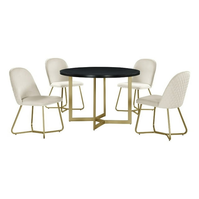 Round 45 x 45 5pc Dining Set with Black Wood Top and Cream Velvet Chairs