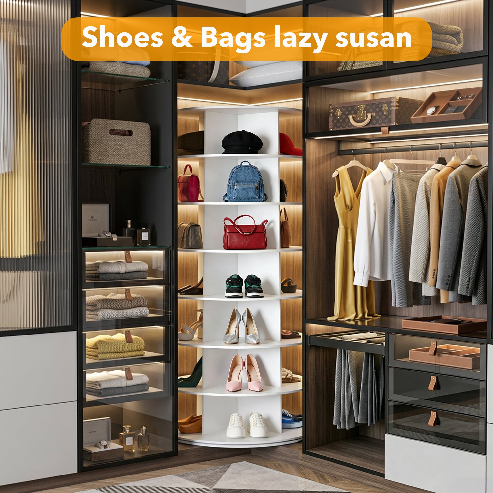 Tacwily 7-Tier Rotating Shoe Rack, 360° Spinning Shoe Organizer for Closet, Holds 28-35 Pairs, White, 63" High