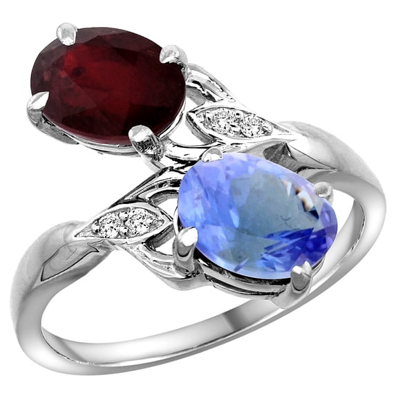 14k White Gold Diamond Enhanced Genuine Ruby & Natural Tanzanite 2-stone Ring Oval 8x6mm, size 9.5