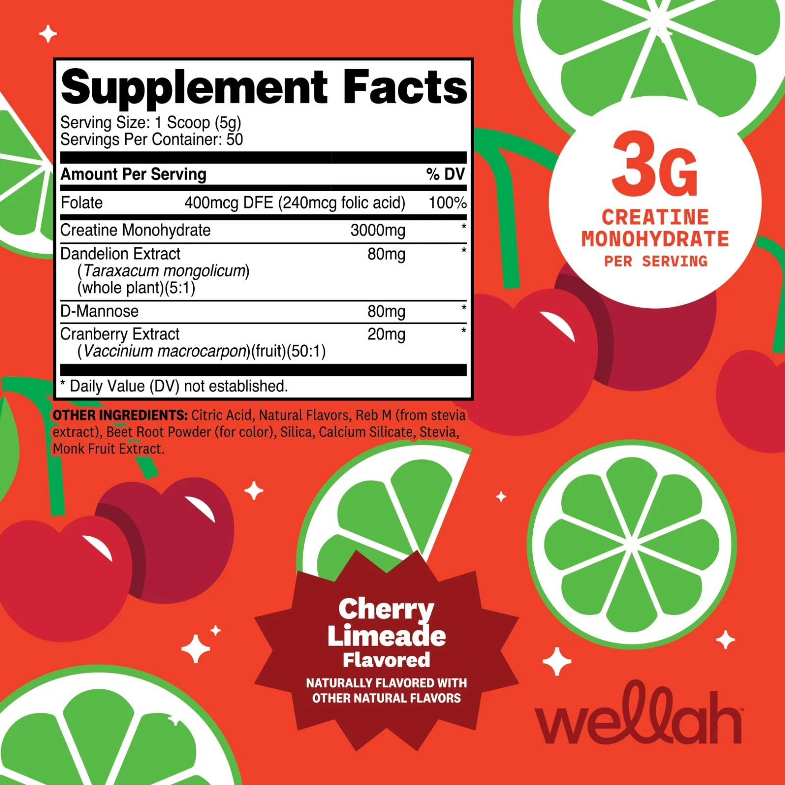 Wellah Creatine for Women (50 Servings) Cherry Limeade - 3g of Creatine Monohydrate Powder with D-Mannose & Cranberry Extract