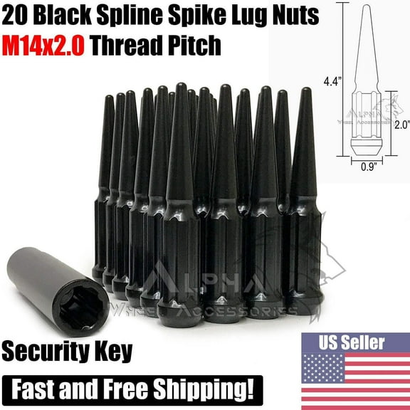 20 Black 14X2 Spline Spike Lug Nuts 4.4" For 5x135 Ford F-150 Expedition 14X2.0
