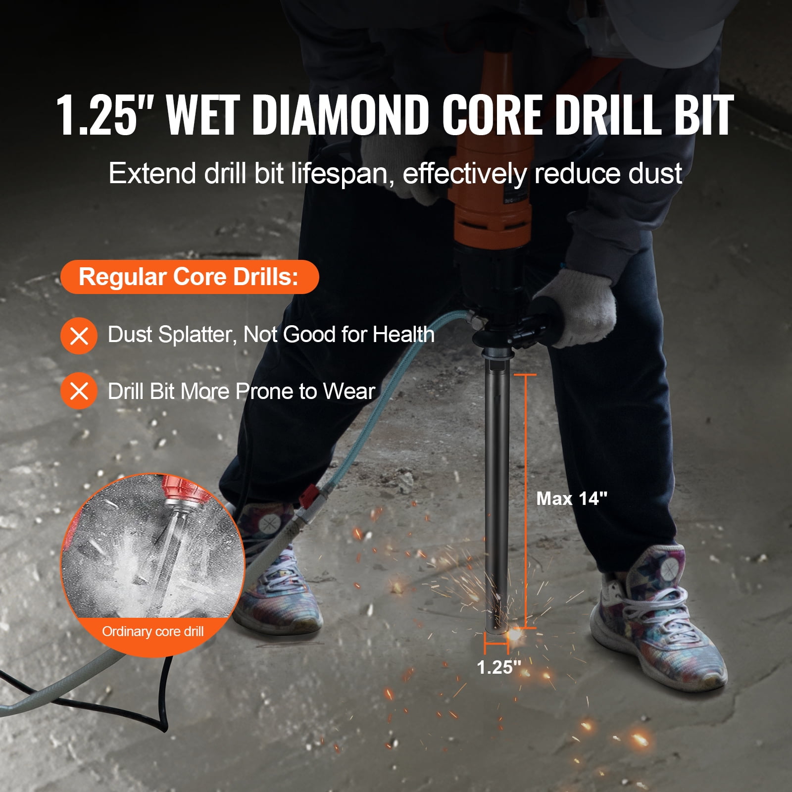KFFKFF Diamond Core Drill Bit, 1-1/4" Diamond Wet Core Drilling Bits, 14" Penetration Depth Concrete Core Drilling Bit, 5/8"-11 Inner Thread, Utilizes Laser Welding, Diamond Wet Coring Bit