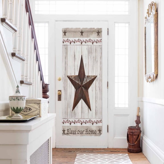 American Country Door Curtains for Door Window, French Sidelight Front Back Door Curtains With Tieback, Farmhouse Barn Star Brown Berry Kitchen Rod Pocket Drapes Panel, 54"x72"