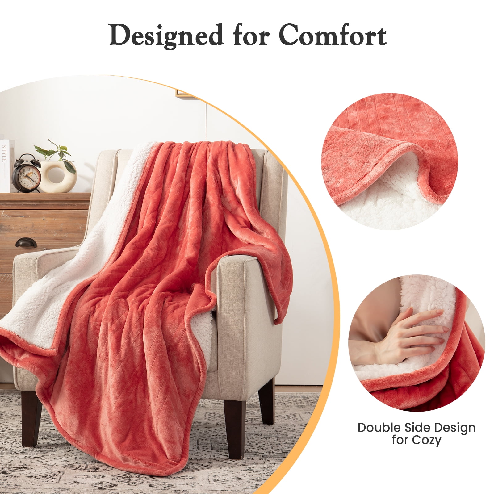 COZY@HOME Electric Blanket, Sherpa and Flannel Throw Size 50"x60", Grapefruit Pink，Fast Heating 6 Heating Levels & 4H Auto-Off, Machine Washable