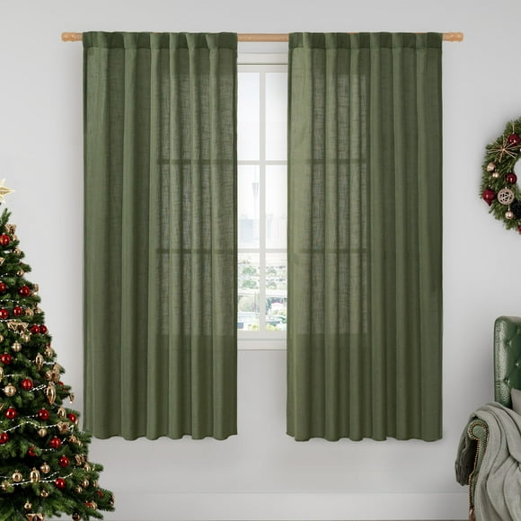 Cortinas LAMIT de lino con filtro de luz, 173 cm, color verde oliva, 2 paneles