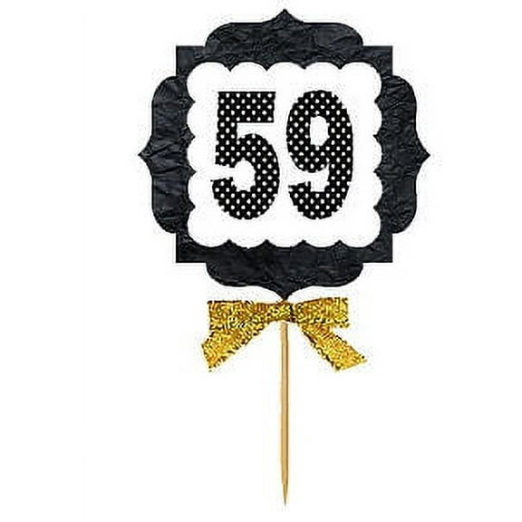 59th Birthday / Anniversary Gold Ribbon Hand Crafted Novelty Cupcake Decoration Toppers / Picks -12ct