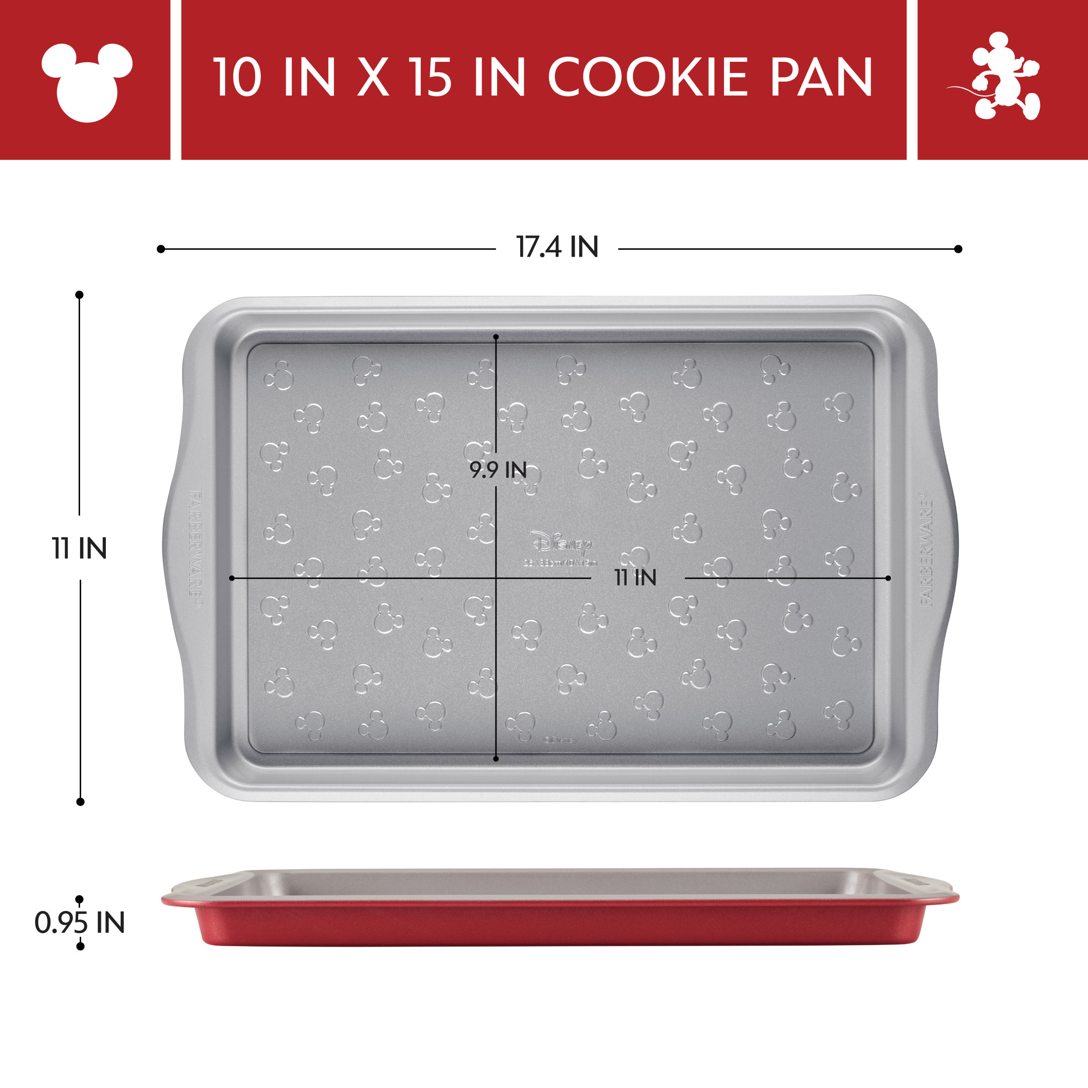 Farberware Disney Bake with Mickey Mouse 10x15 Inch Nonstick Cookie Pan / Baking Pan, Dishwasher Safe and Oven Safe to 450°F, Red