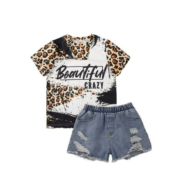 Mikrdoo Summer Clothes For 9-10 Years Big Girls Kid Girls Vintage Leopard 'Beautiful Crazy' Animal Print T-Shirt Ripped Denim Shorts Set 2Pcs Outfits