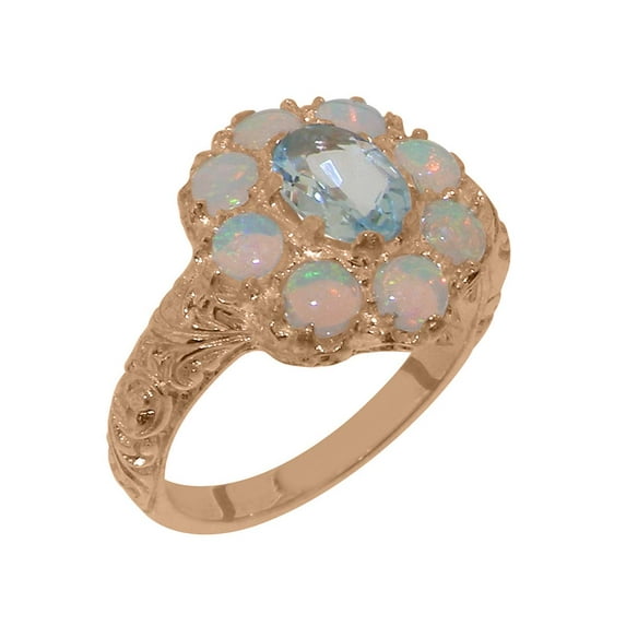 LBG British Made 14k Rose Gold ring with Natural Aquamarine & Opal Womens Statement Ring - 33 size options - Size 11.25