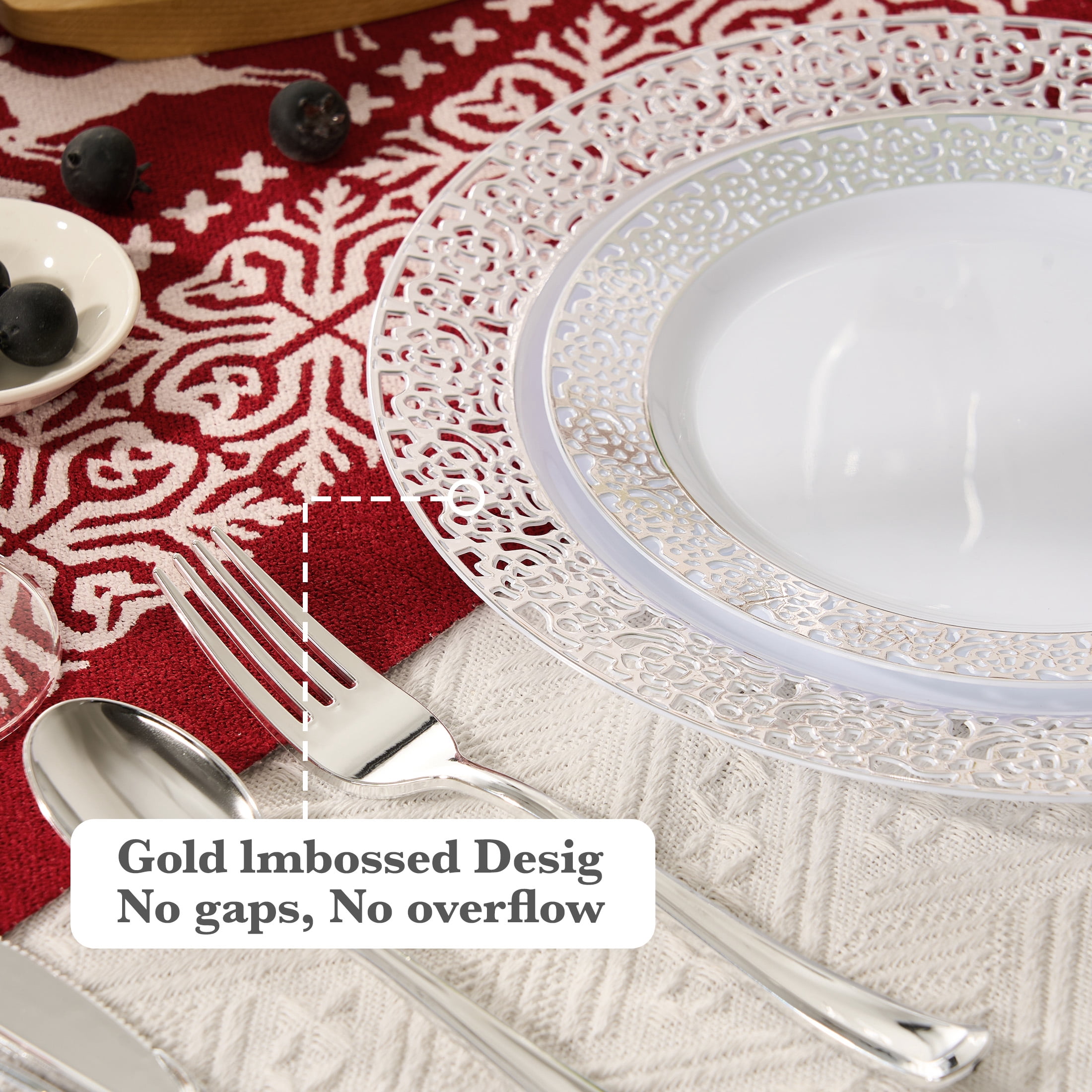 350Pcs Silver Plastic Plates Sets - Dinnerware Sets for 50 Guests,Decorative Plates for Festival Wedding Party