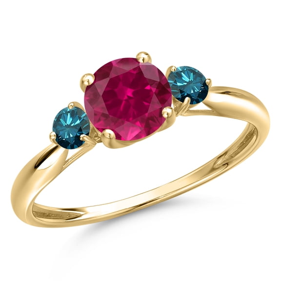 Gem Stone King 10K Yellow Gold Red Created Ruby and Blue Diamond 3-Stone 3-Stone Ring for Women | 1.20 Cttw | Round 6MM | Gemstone July Birthstone (Size 9)