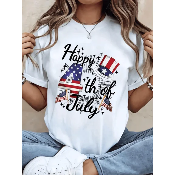 Happy 4th Of July T Shirt Women Patriotic American Flag Independence Day Celebration Graphic Tee Casual Summer Top For Fourth Of July Party,180g
