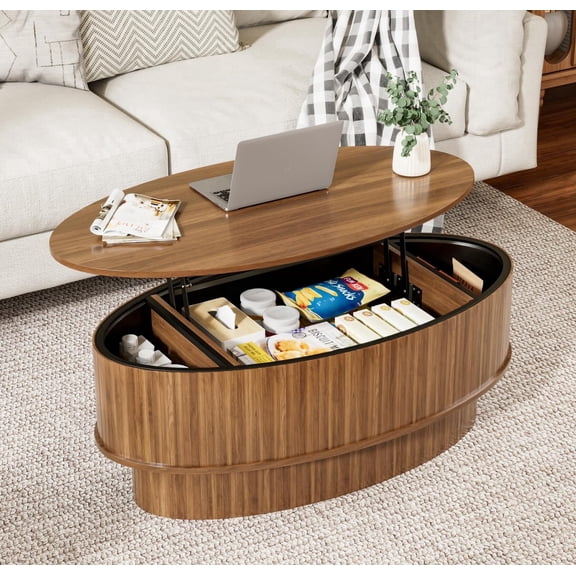 Oval Lift Top Coffee Table with Hidden Storage, 41 in Wooden Mid Century Modern Living Room Center Table, Walnut