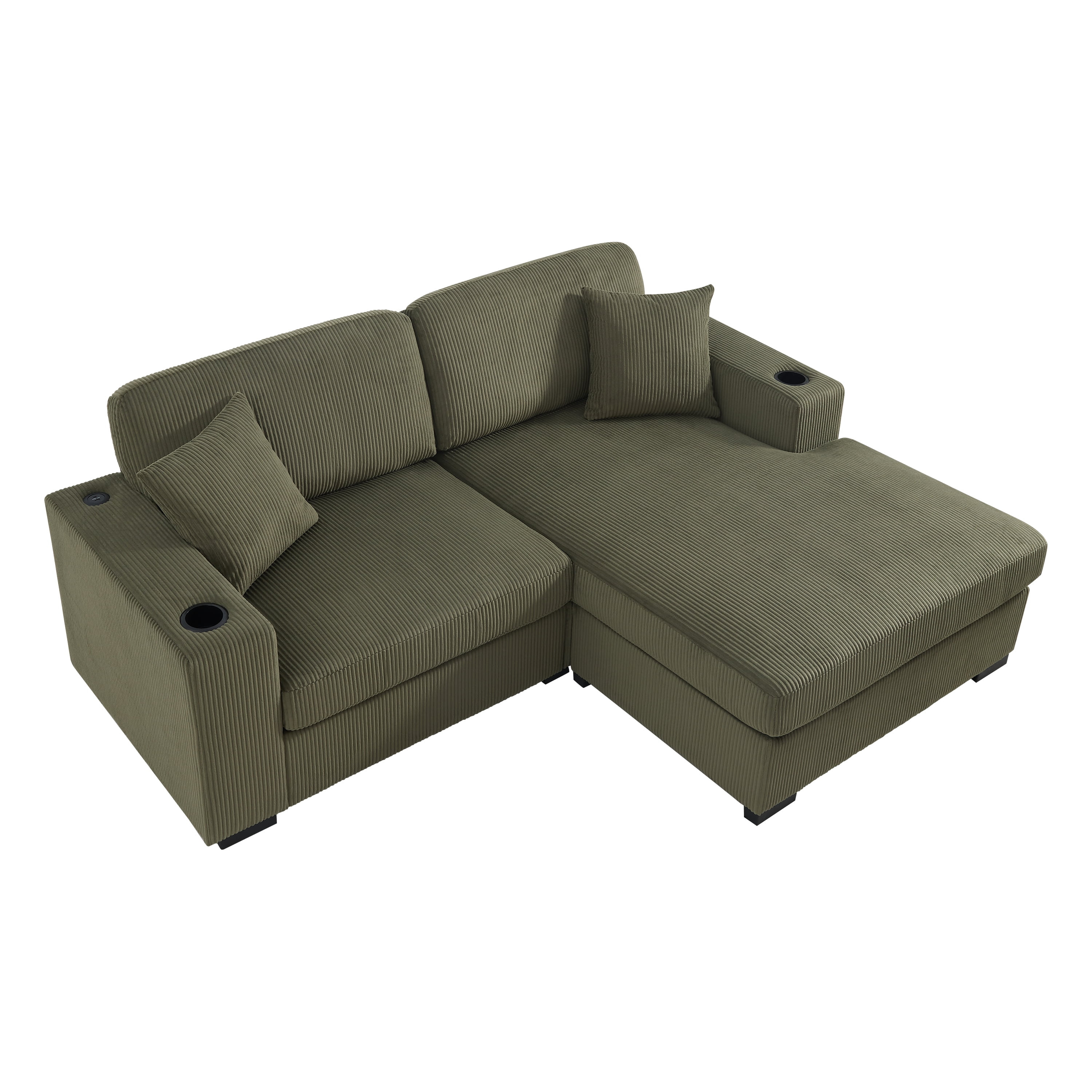 GARITIN L Shaped Sectional Sofa 86.5 Inch, Corduroy Upholstered Couch with Cup Holders and Charging Ports for Living Room, Green