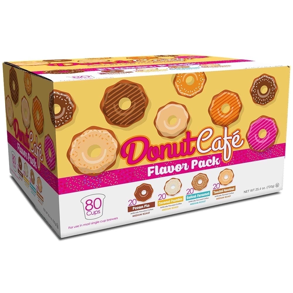 Donut Cafe Single Serve Coffee Pods Flavored Variety Pack (Pecan, Coconut, Salted Caramel, Hazelnut) 80 Ct
