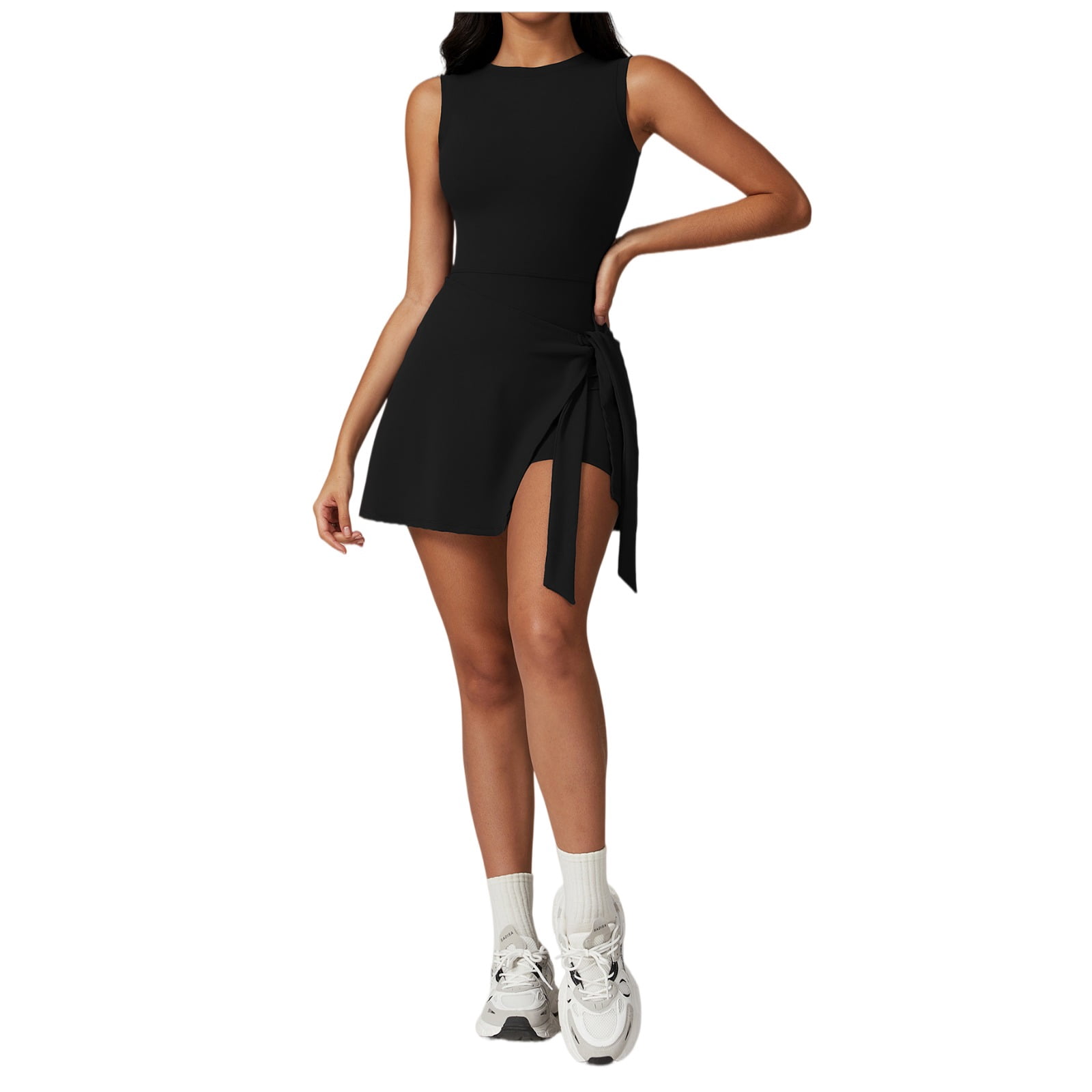 Women Sleeveless Mini Dress Wrap Tie Side Slim Fit Casual Athletic Short Dress Summer Outfit