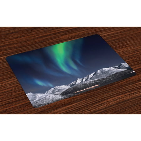 Sky Placemats Set of 4 Aurora Borealis Aurora over Fjords Mountain at Night Norway Solar Image Artwork, Washable Fabric Place Mats for Dining Room Kitchen Table Decor,Green Dark Blue, by (Best Place In Norway To See Fjords)