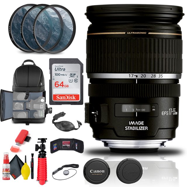 Canon EF-S 17-55mm F/2.8 IS USM Lens (1242B002) + Filter Kit + BackPack + More(International Model)