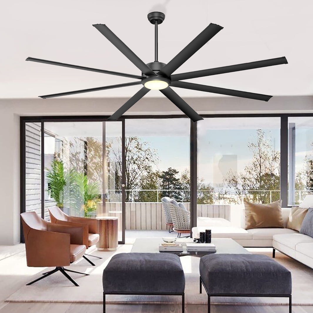 Ohniyou 84" Industrial Ceiling Fan with Lights and Remote 8 Aluminum Blades Large Dimmable Indoor Outdoor Ceiling Fan for Patio Living Room Shop Garage, Black
