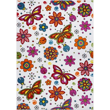4x6 Kids Rug Ladole Rugs Butterflies Flowers Pattern Area Rug Carpet for Kids in Cream and Multicolor, 4x6 (3'11