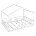 thumbnail image 3 of Full Size House Bed, Wood Montessori Bed Full Floor Bed Frame with Fence Shaped Guardrails and Roof, White, 3 of 7