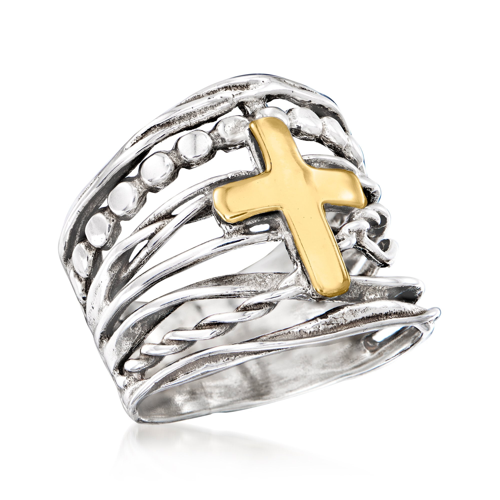 Ross-Simons Sterling Silver and 14kt Yellow Gold Multi-Row Cross Ring, Women's, Adult