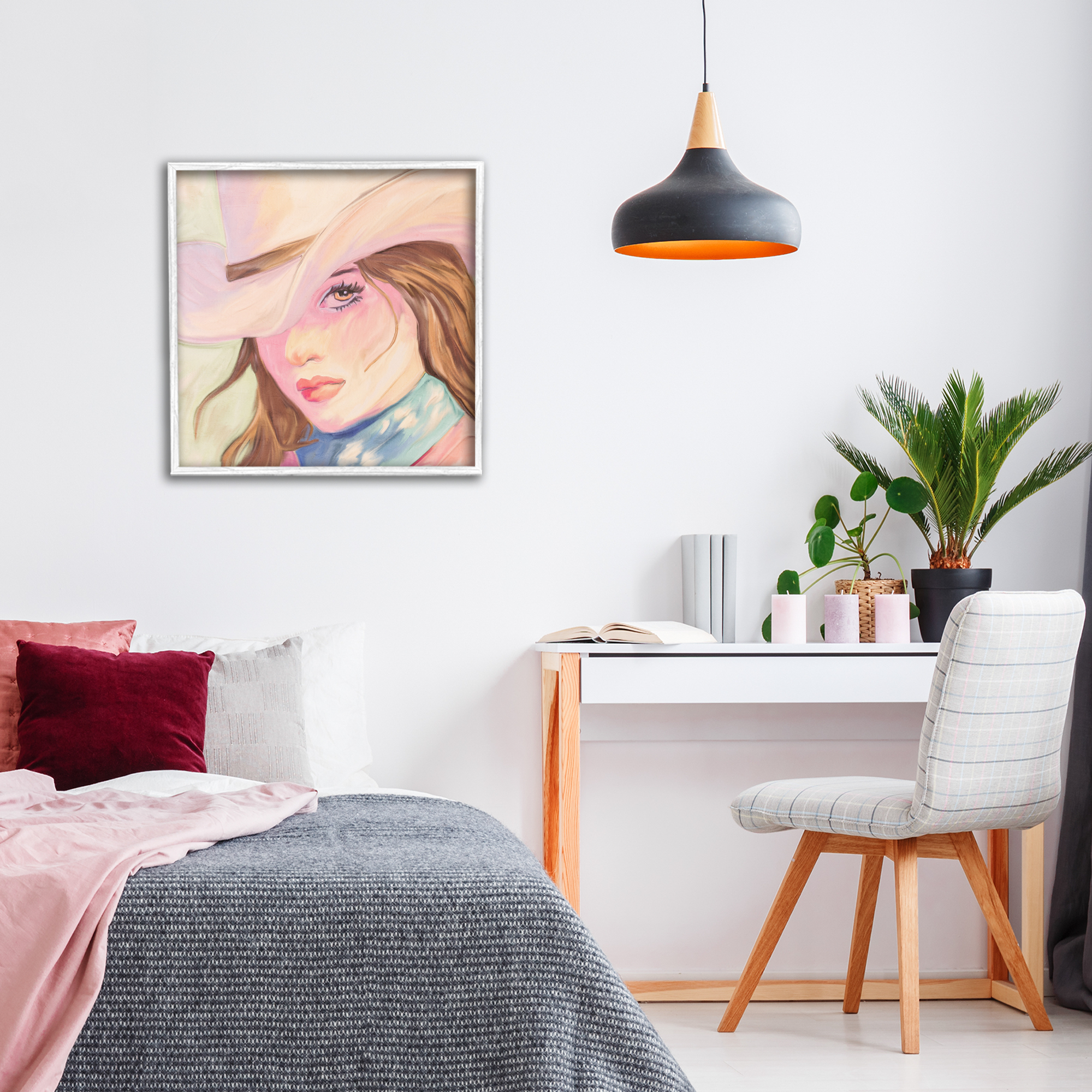 Pastel Cowgirl Brunette White Framed Giclee Art, design by Kim Allen