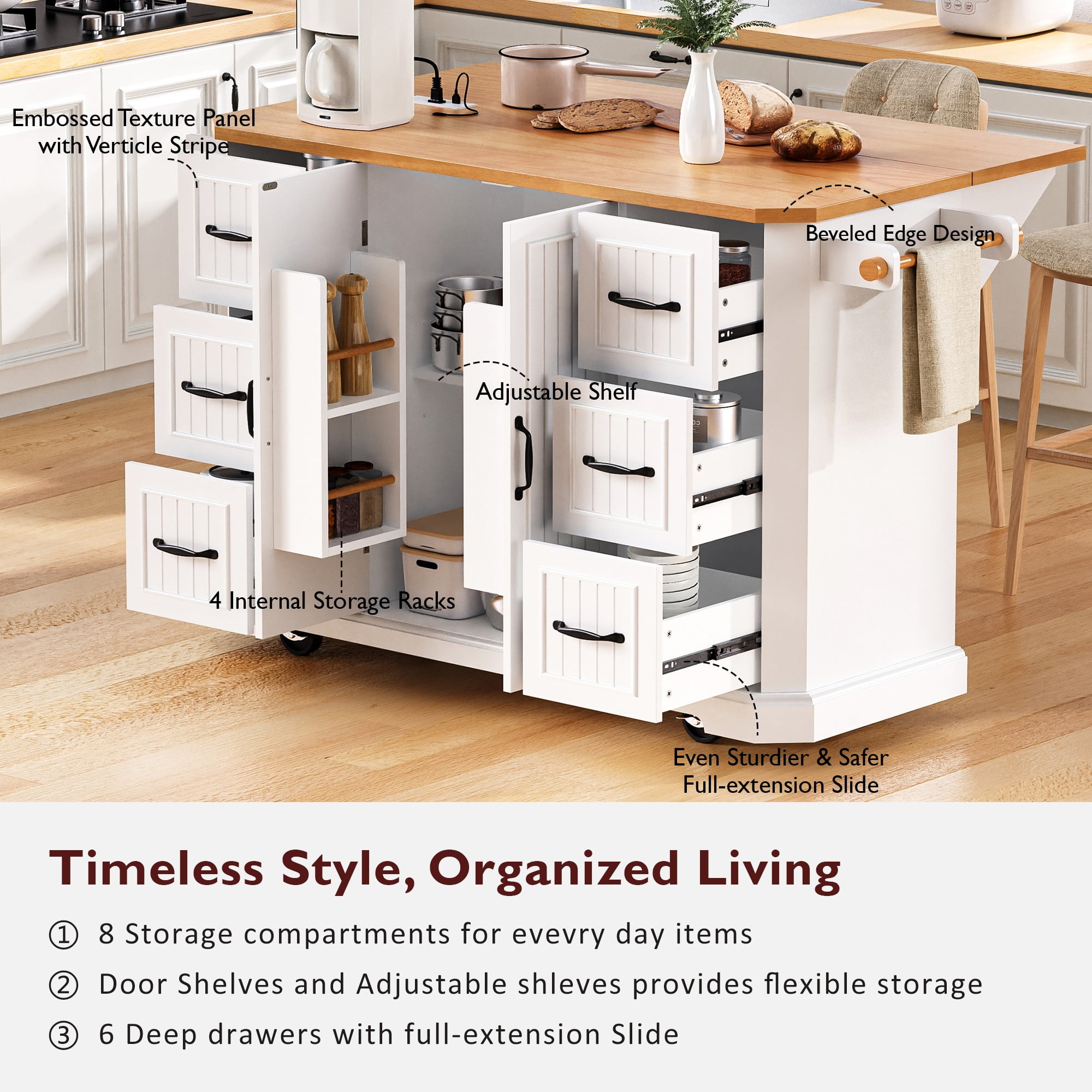 Yoneston 56" Rolling Kitchen Storage Cart with Adjustable Shelves, Multifunctional Kitchen Island with Power Outlet, 4 Door Shelves and 6 Drawers for Kitchen, Dining Room, White