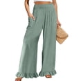 thumbnail image 2 of Linen Pants Women Flowy Ruffle Hem Wide Leg Palazzo Pants with Patch Pockets Casual Ruched Waist Summer Vacation Pant Light Blue M, 2 of 9