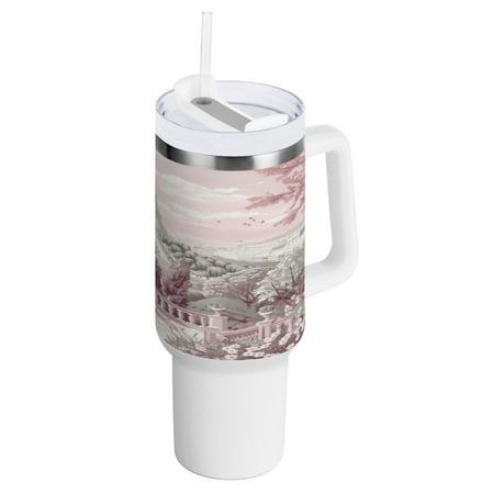 

40 Oz Car Handle Water Bottle 10.8x3.85 Inch Handle And Straw Travel Water Bottle Reusable Stainless Steel Water Bottle Pink Flowers and The Eiffel Tower