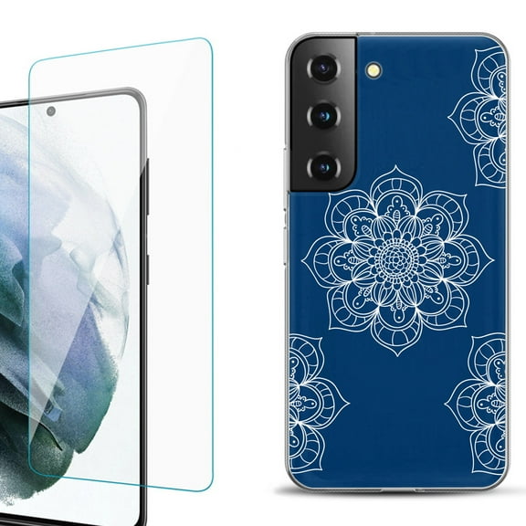 Slim-Fit Fashion Gel Phone Case for Samsung Galaxy S22  5G / S22 Plus 5G, with Tempered Glass Screen Protector, by OneToughShield ® - Mandala / Blue