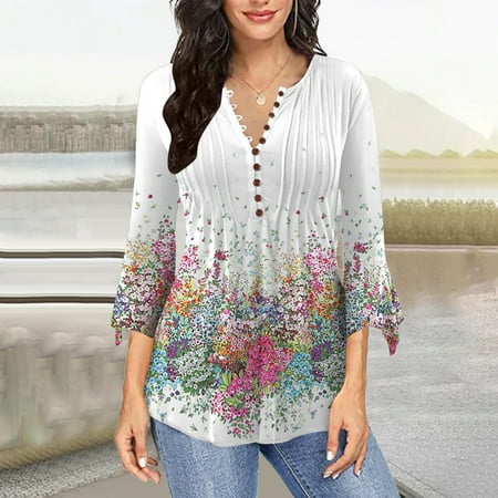 

Long Sleeve Shirts For Women Fiudx Women s Casual Trumpet 3/4 Sleeve Printed Buttoned Basic Ruched Corset Tunic Tops Pleated T-shirts Blouses For Fall Winter Casual