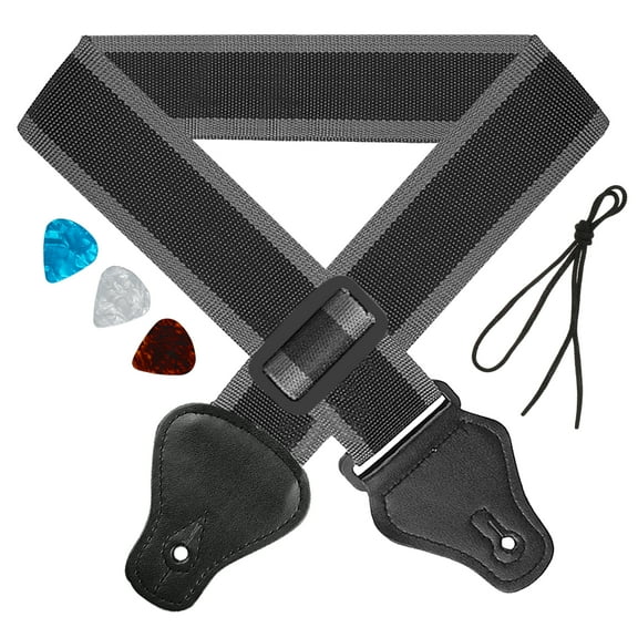 Guitar Accessories Set - TSV Adjustable Nylon Guitar Strap with 3 Guitar Picks, 32.3" - 51.2" Length & 1.8" Width Comfortable Guitar Strap with Leather Ends and Pick Pocket for Adult, Teenagers