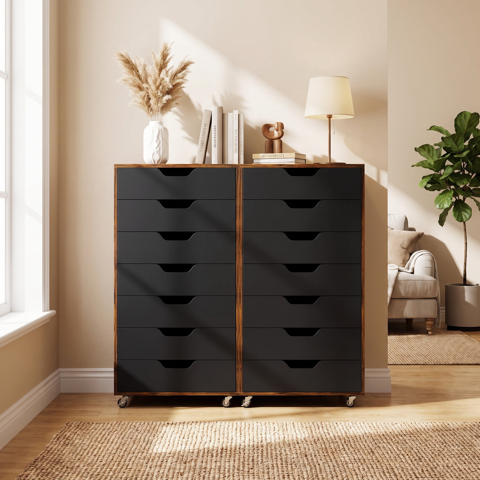 Furnibear 7-Drawer Chest Wooden Storage Dresser with Lockable Wheels for Home Office Filing Document Letter Legal Storage, Rustic Brown