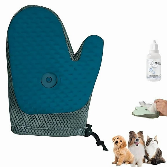 All-in-One Pet Grooming Glove & Spray for Cats and Dogs, Hair Removal, Deshedding & Massage Tool, Celery Pets Cat Brush Glove for Grooming and Pet Care