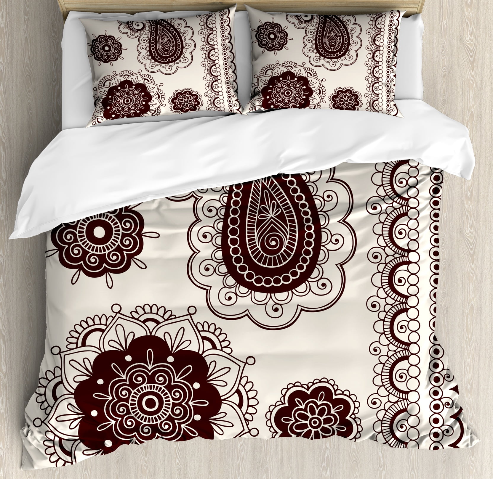 Henna Duvet Cover Set, Intricate Hand Drawn Tattoo Paisley Doodle Eastern Culture Inspired