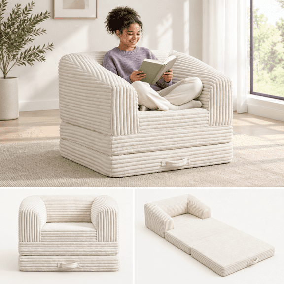 Beige Single 3-in-1 Convertible Corduroy Futon Sofa Bed Floor Sleeper