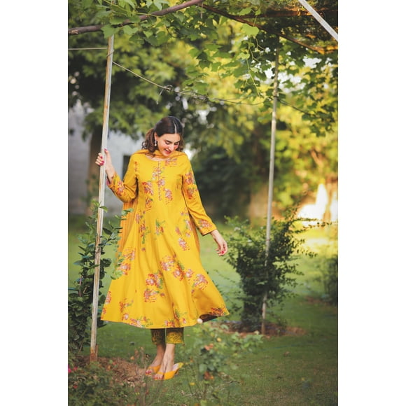 Yellow Viscose linen Printed Suit Set