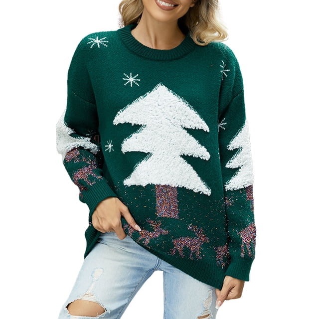 Fgnfyis Chandails pour Femmes Chandail Arbre de Noël Chandail Jacquard avec Cerf Chandail de Noël Chandail de Noël Chandails de Noël pour Femmes Vert G