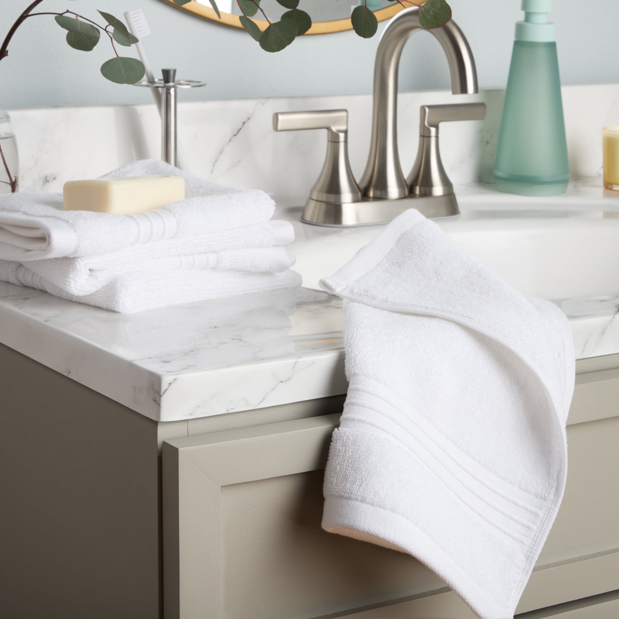 TOWN & COUNTRY EVERYDAY 4-Piece Solid Dobby Border Washcloth Set, 13"x13", 100% Cotton, Plush & Absorbent 650GSM, White