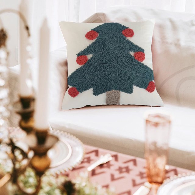 Funda de almohada con árbol de Navidad y campanas | Funda de almohada decorativa navideña de 45 x 45 cm | Diseño bordado para sala de estar, dormitorio o porche | Decoración de temporada para