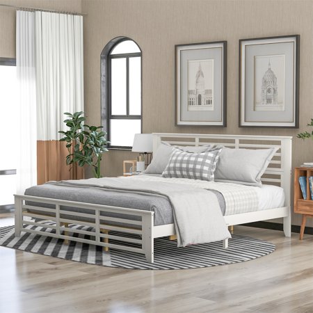 INCLAKE King Size Platform Bed with Horizontal Strip Hollow Shape Headboard and Footboard  Wooden Platform Bed Frame for Bedroom Living Room  No Spring Box Needed  White