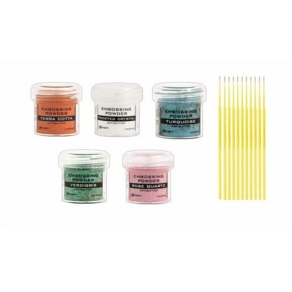 Ranger Embossing Powder Bundle - Frosted Crystal, Rose Quartz, Terra Cotta, Turquoise, and Verdigris - Use with Ranger Embossing Inks - with Trebbies Detail Sticks
