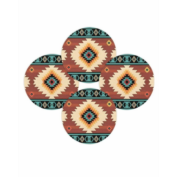 Round Placemats Set of 4 Teal Red Tribal Geometric Place Mats Washable Woven Placemat Vintage Boho Native Abstract Circle Braided Table Mat for Kitchen Dining Table Party Home Decor 15 Inch