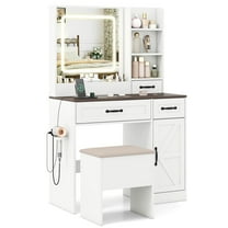 Costway Vanity Desk with Mirror & Power Outlets Dressing Table with 3 Color lighting