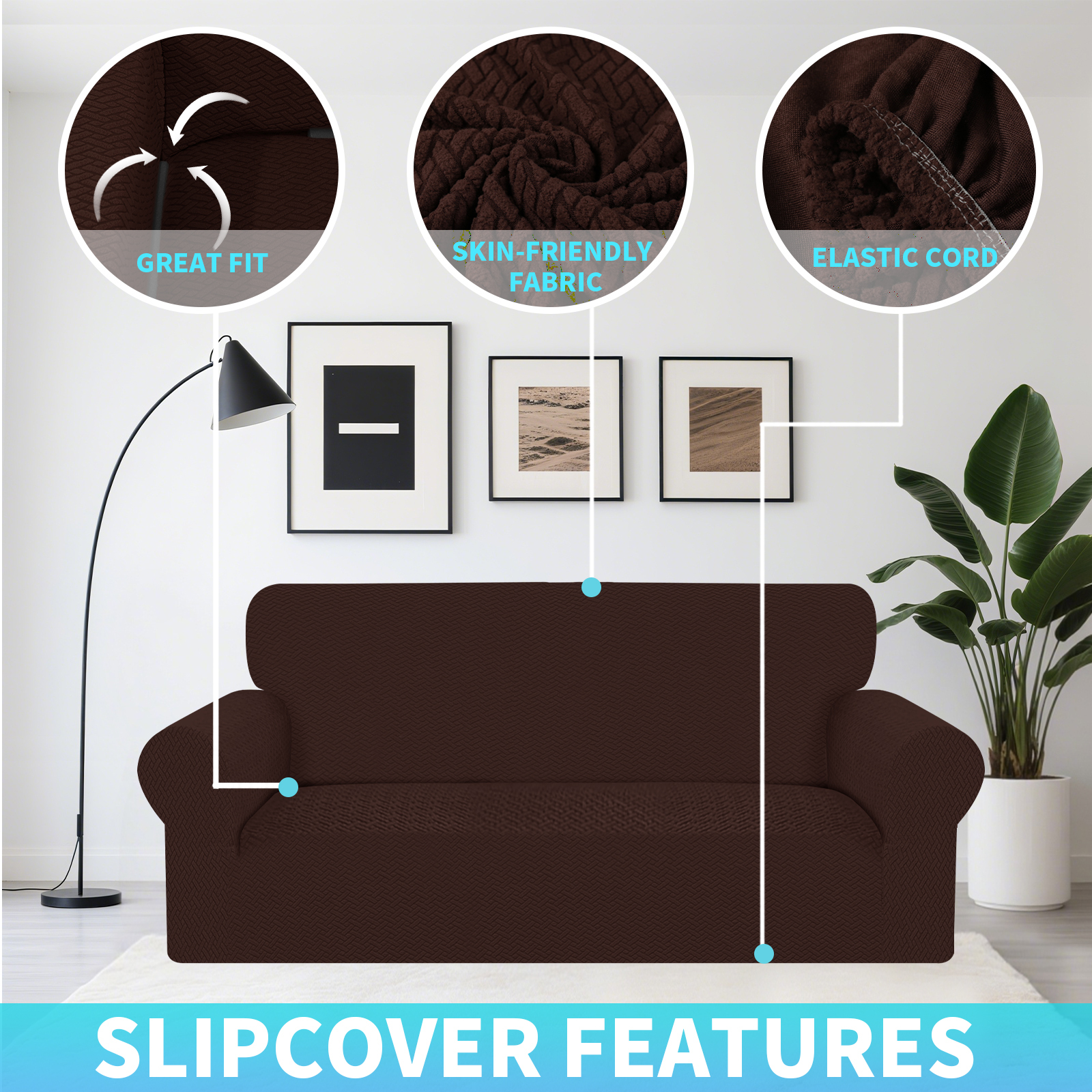 Debonair Stretch Jacquard Couch Cover with 1 Pillowcase, 1-Piece Soft Sofa Cover, Sofa Slipcover with Anti-Slip Foams, Washable Furniture Protector for Pets (Loveseat, Chocolate)