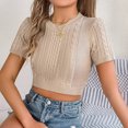 thumbnail image 4 of Olyvenn Womens Cable Knitted Crop Tee Shirts Casual Summer Short Sleeve Sweater Tops Comfy Crew Neck Cute Blouse Khaki XL, 4 of 7
