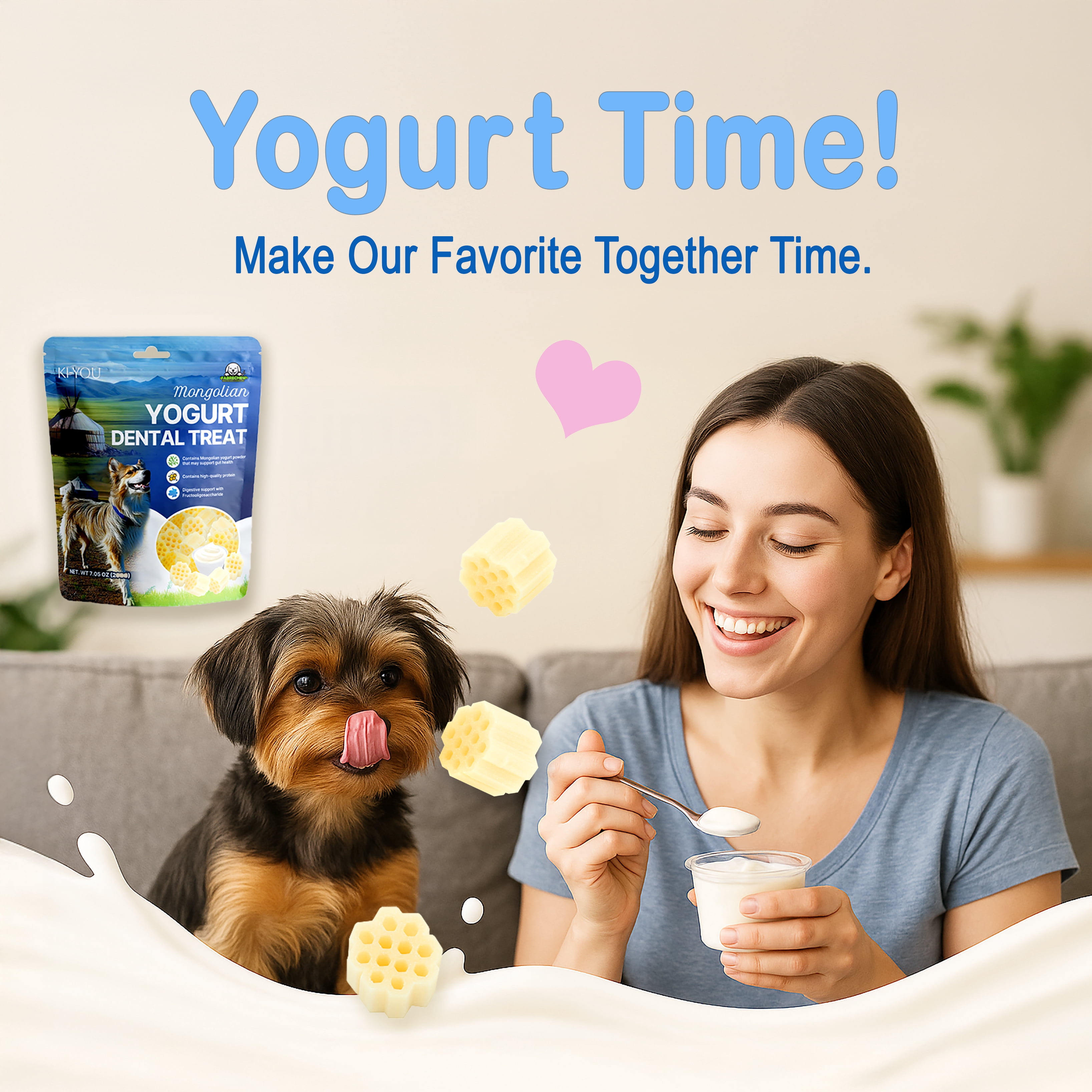 Fabrechew KI-You Mongolian Yogurt Dog TREATS with Probiotics & Prebiotics, Soft Honeycomb Dental Care