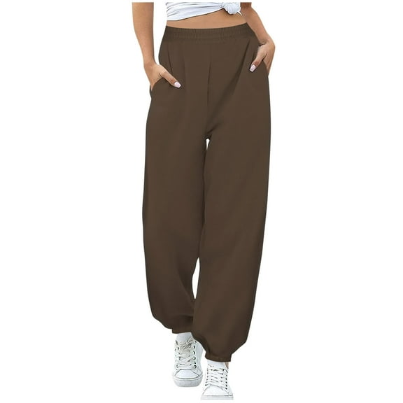 CLOISE Baggy Sweatpants for Women Plus Size Brown with Pockets Casual Pants with Elastic Waist Sizes S-2XL